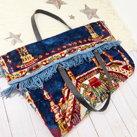 Vintage Handbags - Vintage 60s 70s Carpet Bag blue tapestry kilim large foldover fringe French